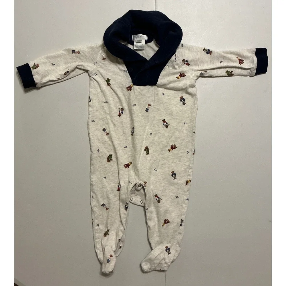 Polo Ralph Lauren Bear AOP‎ Footie Sleeper Baby Boy 9M Heather Grey Navy Preppy